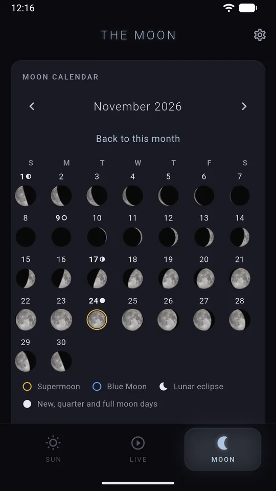 The Moon calendar for November 2026 with the Moon drawn for every day and a gold ring on the November 24 supermoon