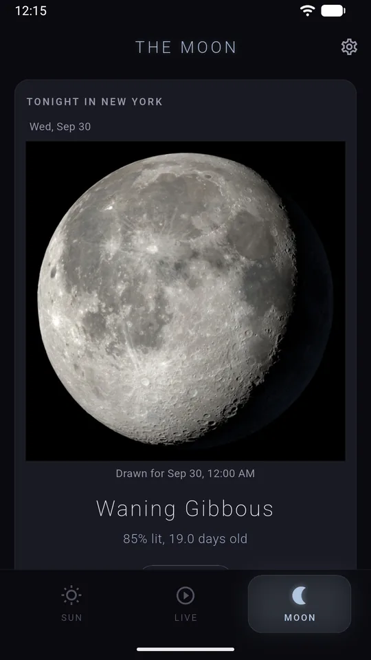 The MOON tab's Tonight card for New York on September 30, 2026: a waning gibbous Moon (past full and shrinking), 85 percent lit, 19.0 days old