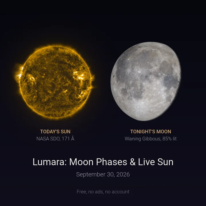 The Share Lumara picture: today's Sun in ultraviolet light (171 angstroms) and tonight's waning gibbous Moon, 85 percent lit, with the date September 30, 2026