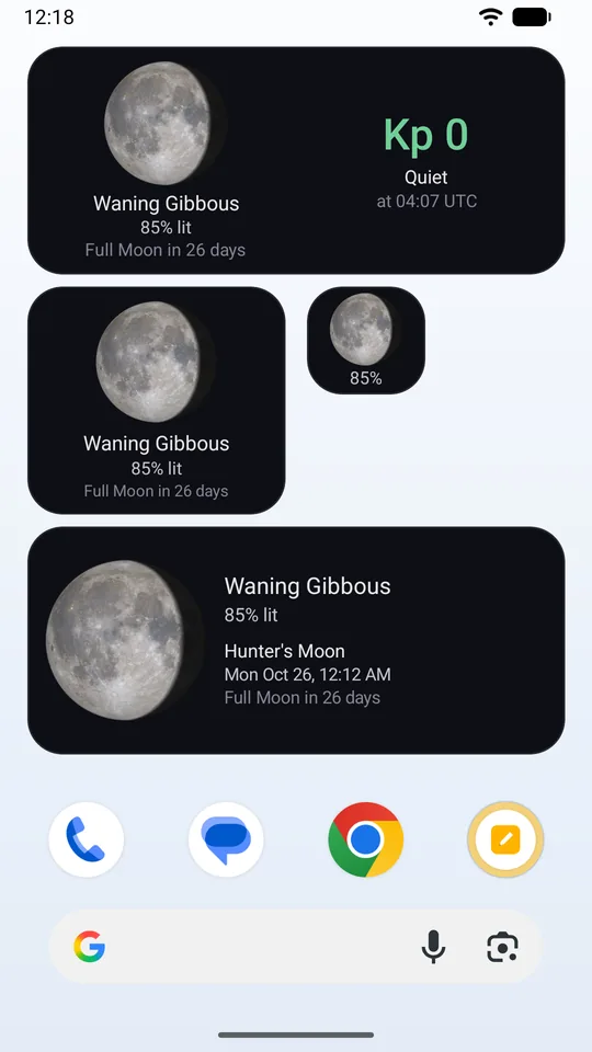 An Android home screen with four Lumara widgets in the Dark style: Moon and Solar Storm, the Moon at two sizes, and the wide Moon